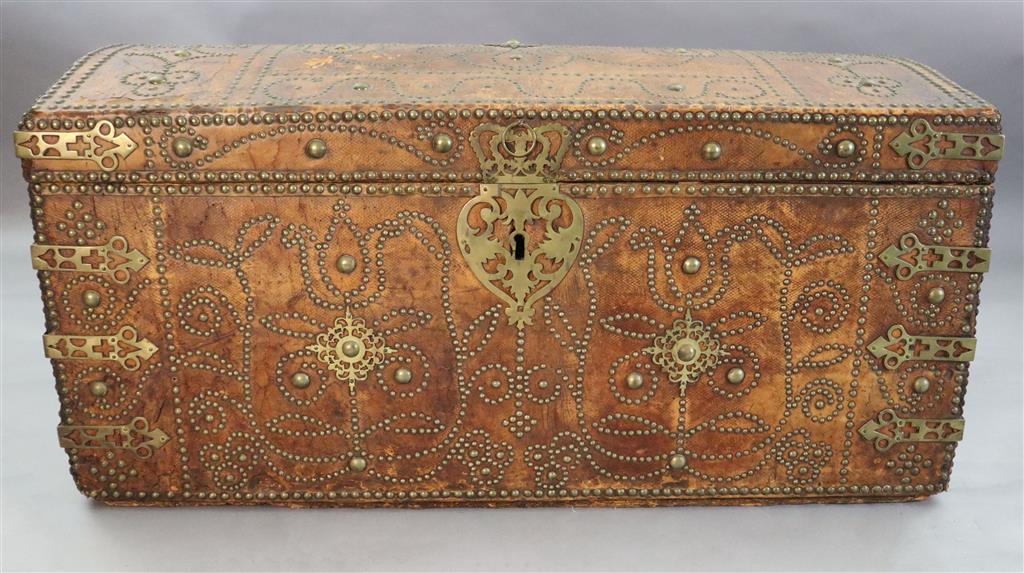 A 17th century Russian leather travelling trunk, W.3ft 10in. D.2ft 1in. H.1ft 11in.